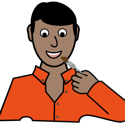 easy on the i graphic of man eating and smiling
